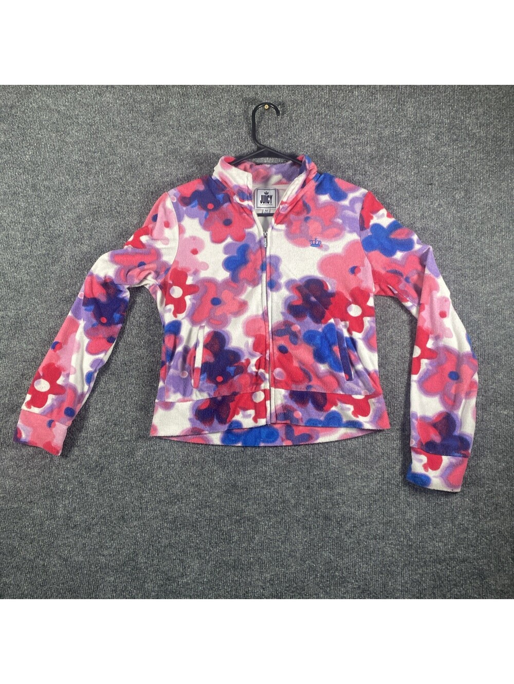 Juicy Couture Floral Print Jacket Terry Cloth Sz M Pink Purple Blue Flowers AB
